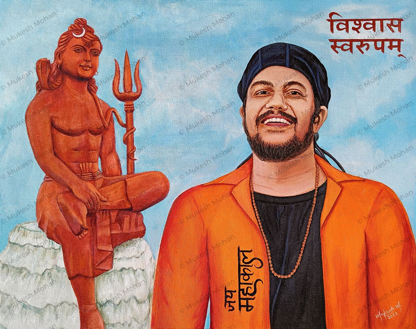 Lord Shiva Vishwas Swaroopam Statue & Baba Hansraj Raghuwanshi Acrylic Color Painting