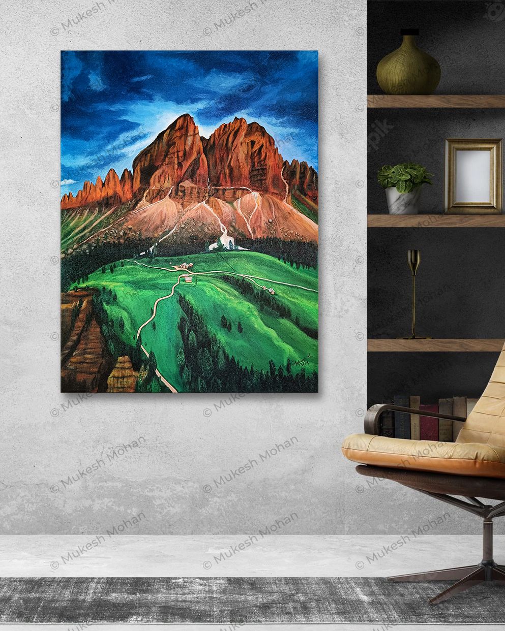 Acrylic Painting of Dolomites Mountain Valley Italy