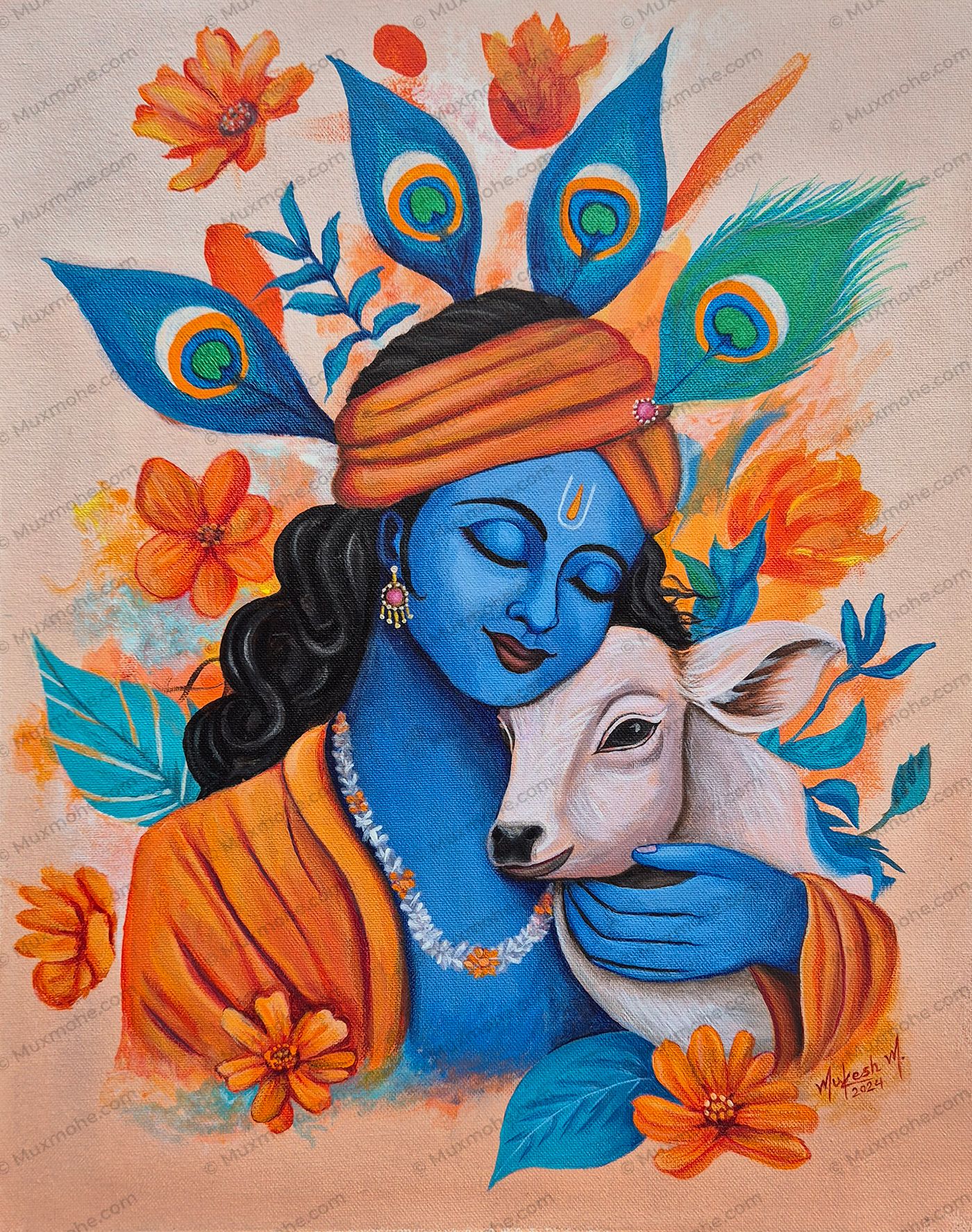 Kanha & Gaiya - Lord Krishna with Cow Acrylic Painting