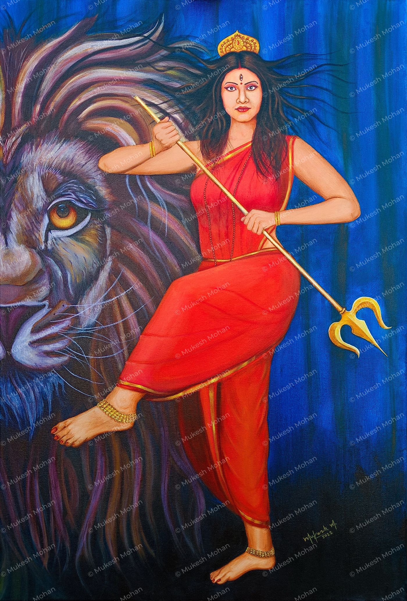 Majestic Durga Acrylic Painting with Noble Lion 