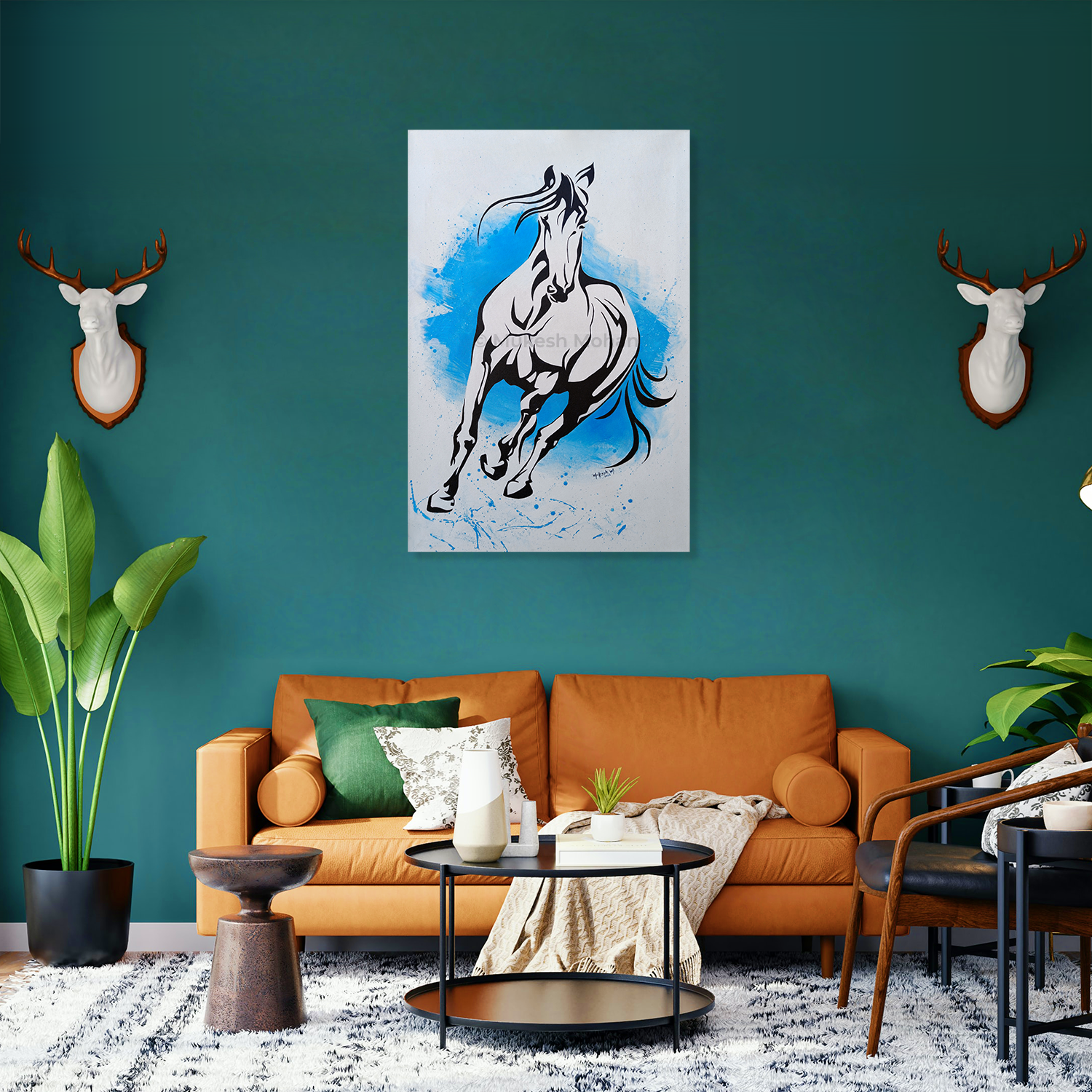 Running horse acrylic painting in two-color on canvas frame